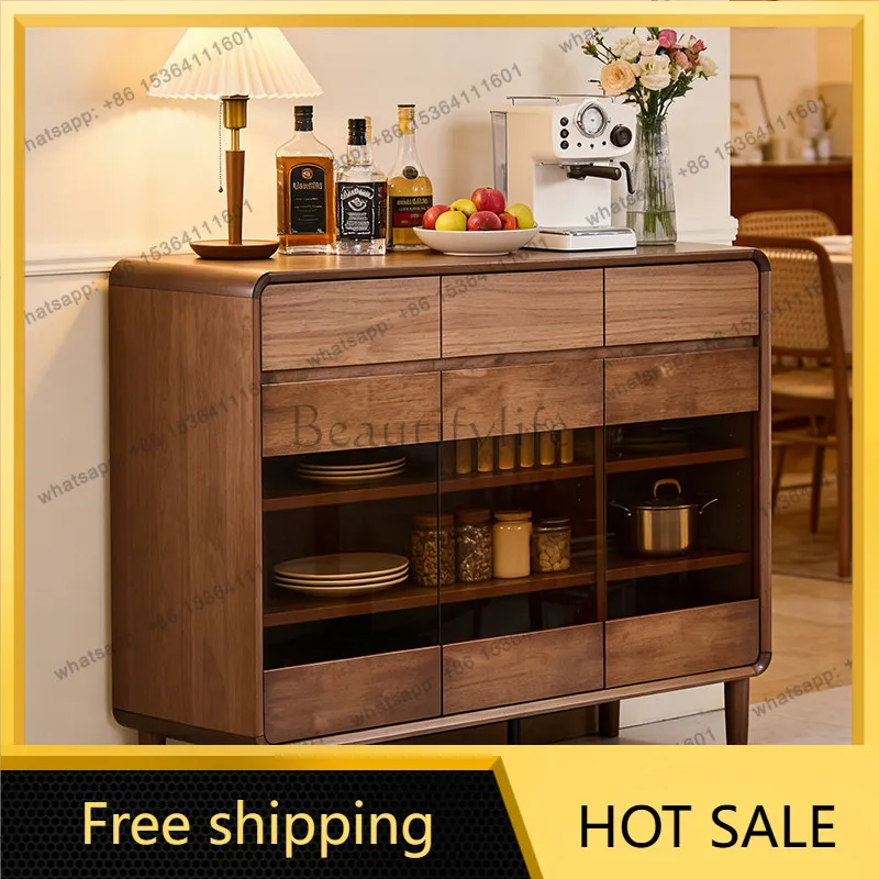 YJ Mid-Century Solid Wood Sideboard Wall Integrated Low Cabinet Small Household Living Room Dining Tea Storage Furniture
