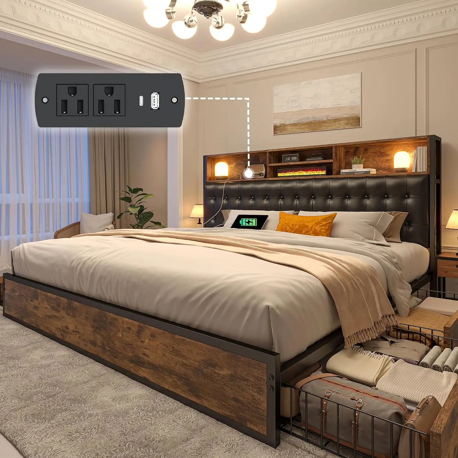 EnHomee King Size Bed Frame with 4 Drawers & Charge Station, Vintage Brown | 2-Tier Storage Upholstered Headboard, 1100 LBS Heav