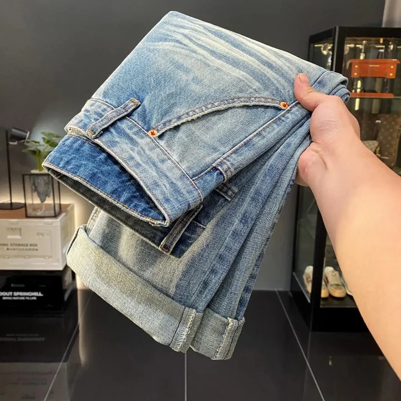 

2026 New Spring Autumn Men's American Premium Light Blue Jeans, Vintage Style Loose Straight Cut Denim Pants, Luxury Streetwear,