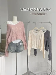 Sweater Pullover Office Lady Autumn V-Neck Knitwear 2 Piece Set Jumper Flare Sleeve Hollow Out Casual Basic Y2K Harajuku Baggy