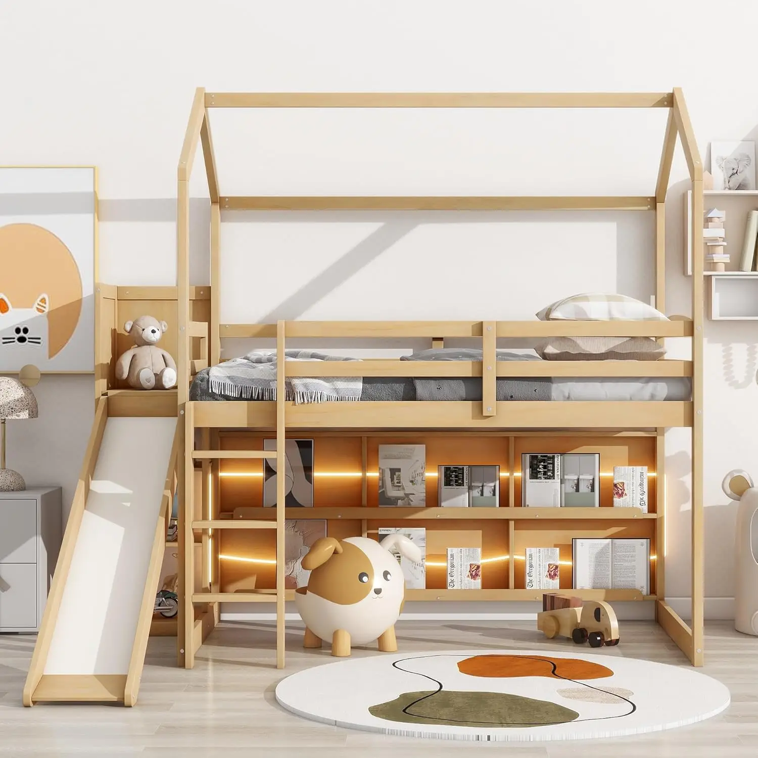 

Kids Twin House Loft Bed With Slide, Storage Shelves And Led Light, Wood Twin Low Loft Bed With Guardrail And Ladder, Twin