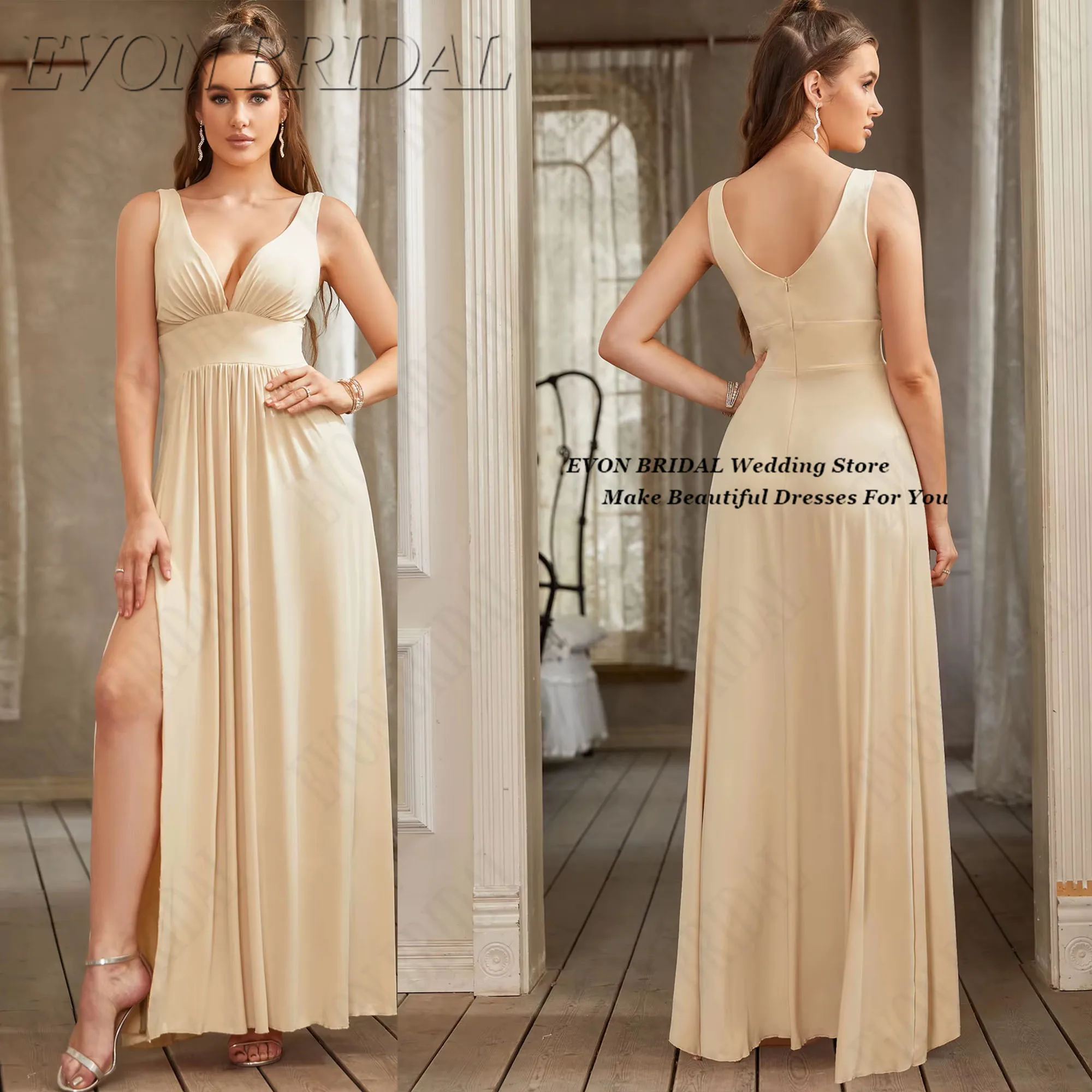 

V-Neck A-Line Satin Bridesmaid Dress Spaghetti-Strap Elegant Dress For Wedding Guest Simple Party Dresses EVON BRIDAL Customized