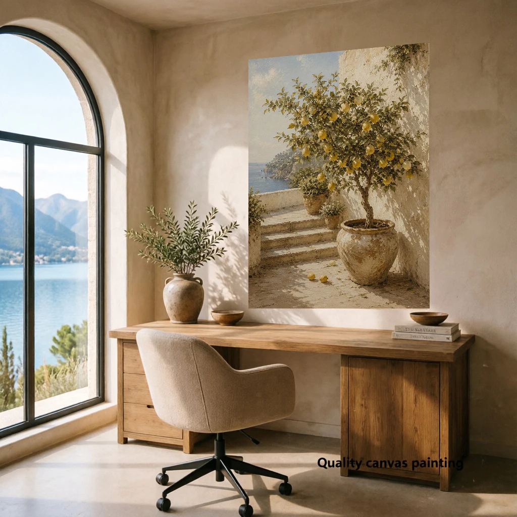 Lemon Tree Wall Art Print, Mediterranean Coastal Terrace Painting, Amalfi Coast Inspired Decor, Italian Kitchen Art, No Frame