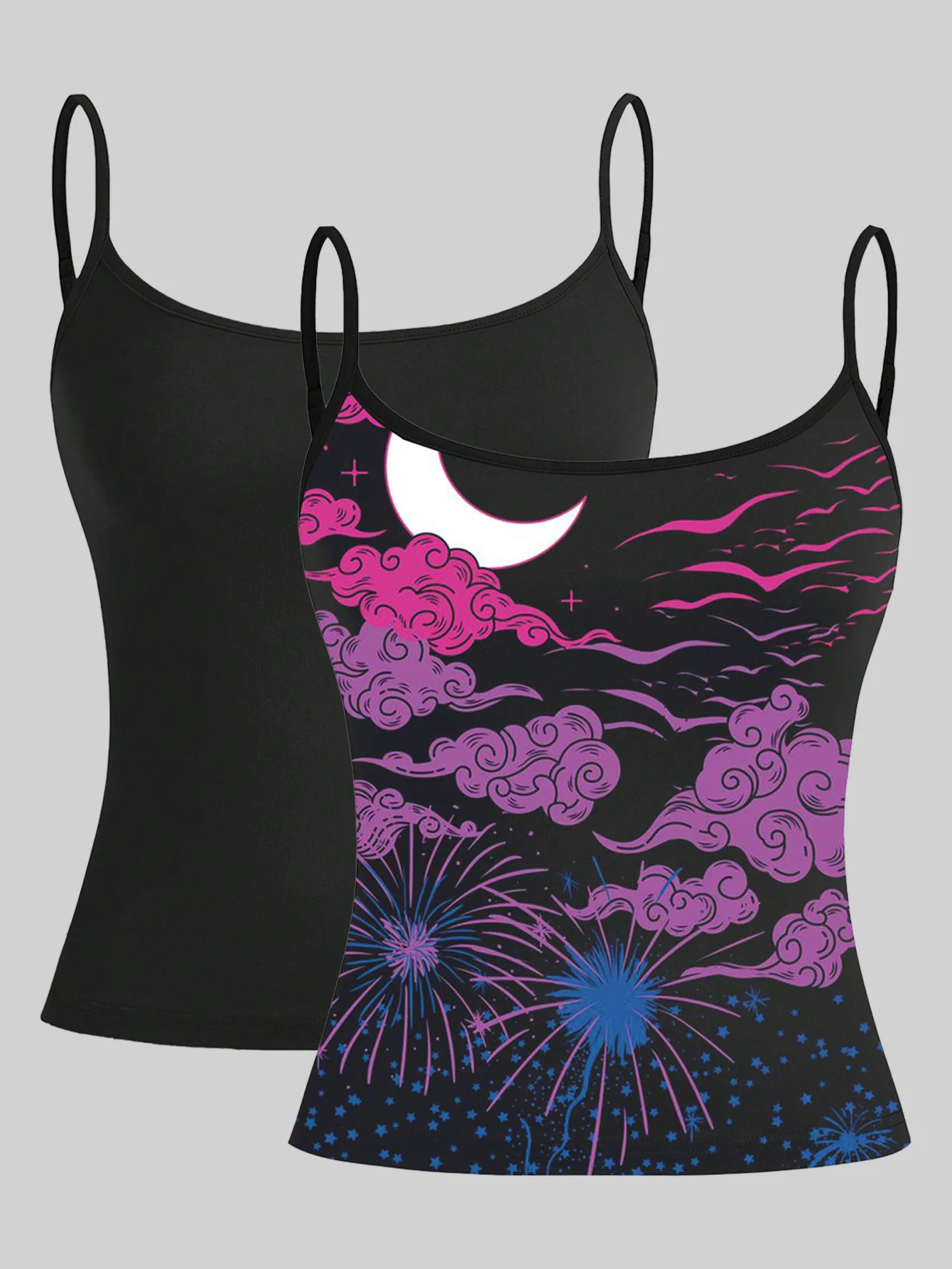 

Scene 2000s Inspired Celestial Set: Cloud Fireworks Print and Noir Base Camisoles for Women's Summer Layering