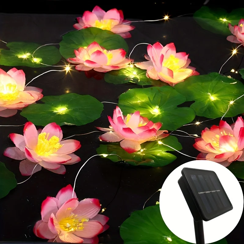 Solar Powered Copper Wire String Lights Outdoor 5M 50LED with 12 Lotus Flowers 12 Leaves Waterproof Pond Garden Pool Fairy Light