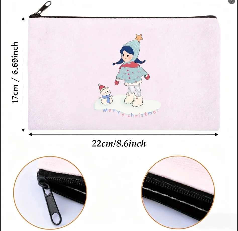1PC Double-sided Print Canvas Pouch Christmas Cartoon Character Zipper Cosmetic Storage Bag