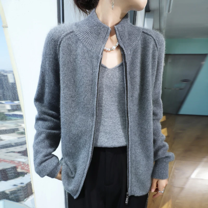 Fashion Basic Women Merino Wool Sweater Stand-up Collar Double Zipper Cardigan Autumn Winter Cashmere Knitwear Solid Color Tops