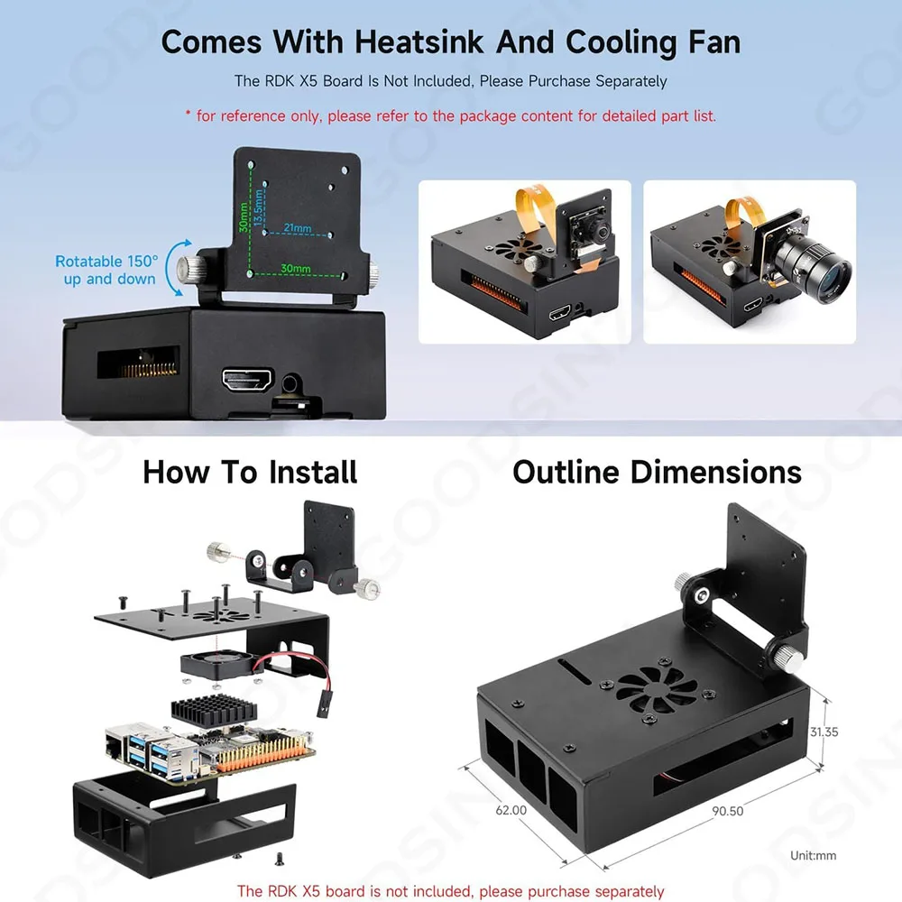 RDK X5 Aluminum Cooling Case with Fan Kit, Metal Shell Box with Cooler Heatsink and IMX219, IMX477 Camera (not included) Mount