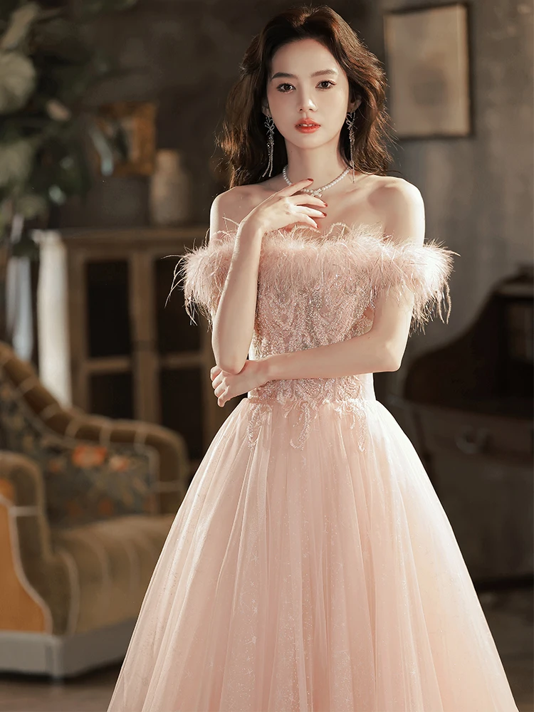 

Ele Pink One-oulder Feather Evening Dr aduation Princ Sle Long Skirt Korean Version Floral Pattern Wedding Dr