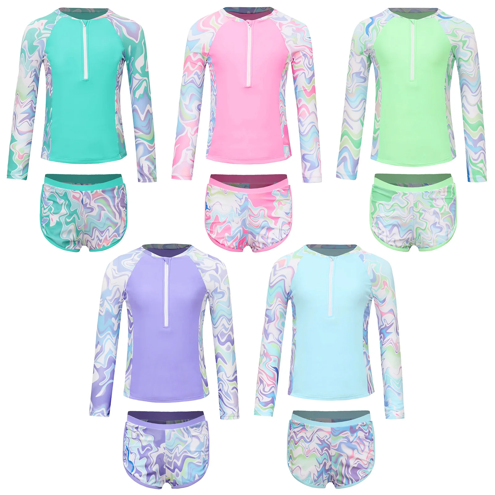 Kids Girls Swim Sets Printed 2 Pcs Swimsuit Swimwear Bathing Suits Long Sleeve Removable Chest Pads Tops with Shorts Swim Outfit