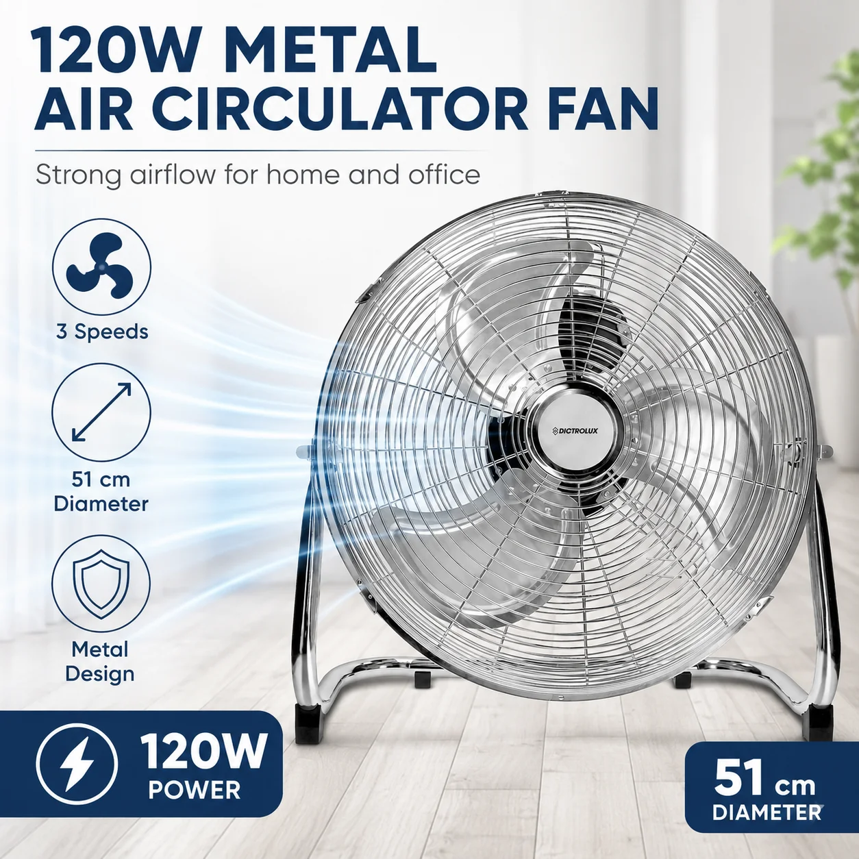 DICTROLUX 51cm Metalowy wentylator podłogowy 120W za $71.89 / ~274zł
