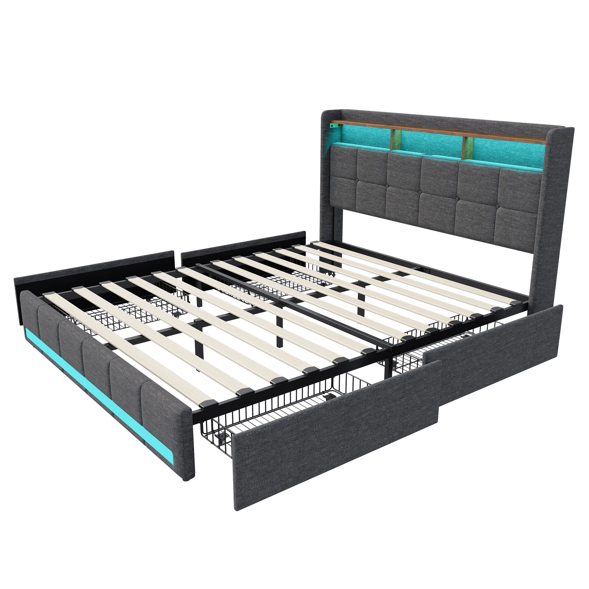 سرير مزدوج مدفوع، 140 × 200 سم، مع 4 أدراج تخزين، إضاءة LED ومنفذ USB، رمادي حديث بسيط، هيكل سرير