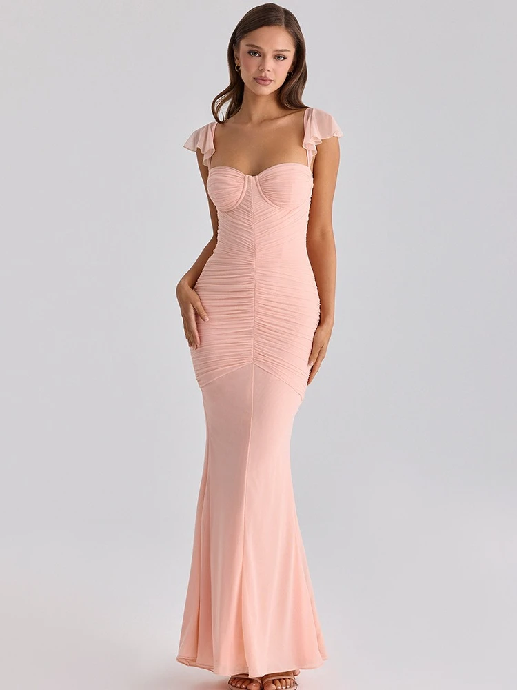 

Elegant Square Collar Ruched Pink Birthday Party Dress Women's Sleeveless Backless Tunics Evening Party Dresses Female Long Gown