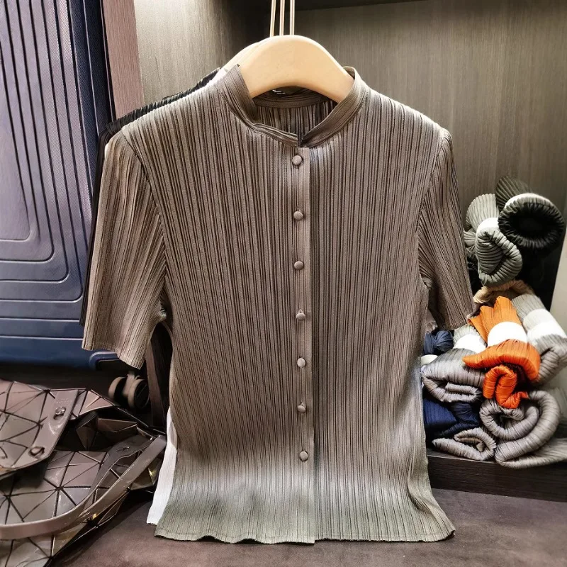 miyake-chemise-plissee-2025-ete-simple-col-montant-chemise-femme-senior-sens-cent-solide-simple-boutonnage-cardigan-blouse
