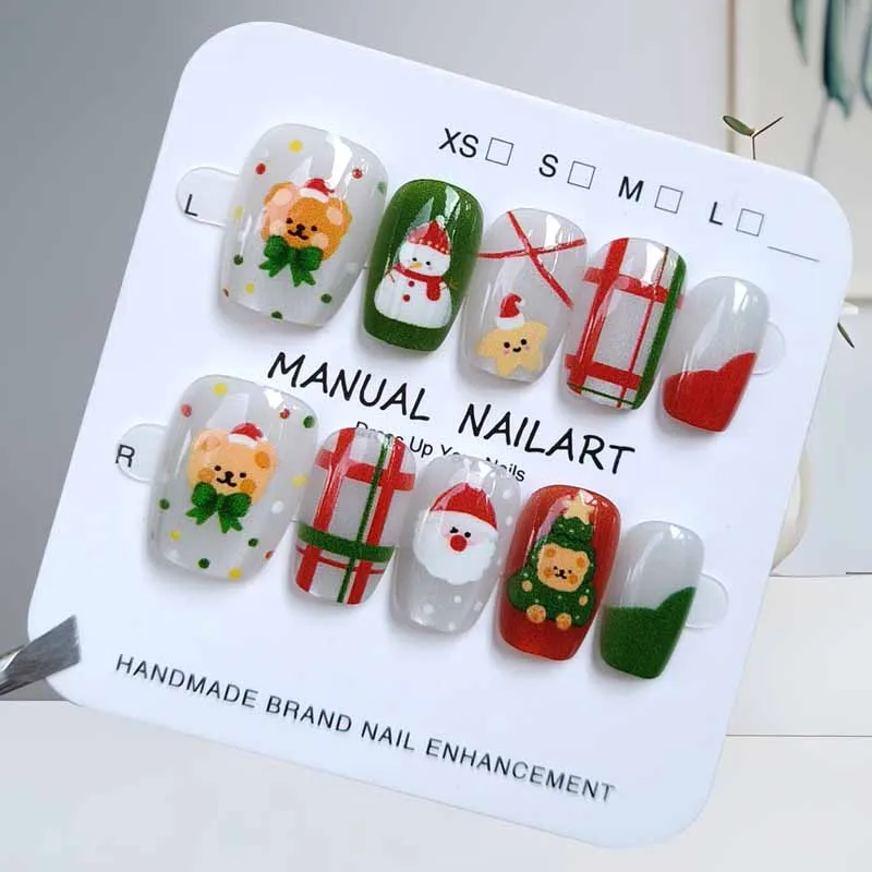 10Pcs Christmas False Nails Full Cover French Style Manicure Cute Gingerbread Man Santa Claus Press on Nails Nail Art Nail Patch