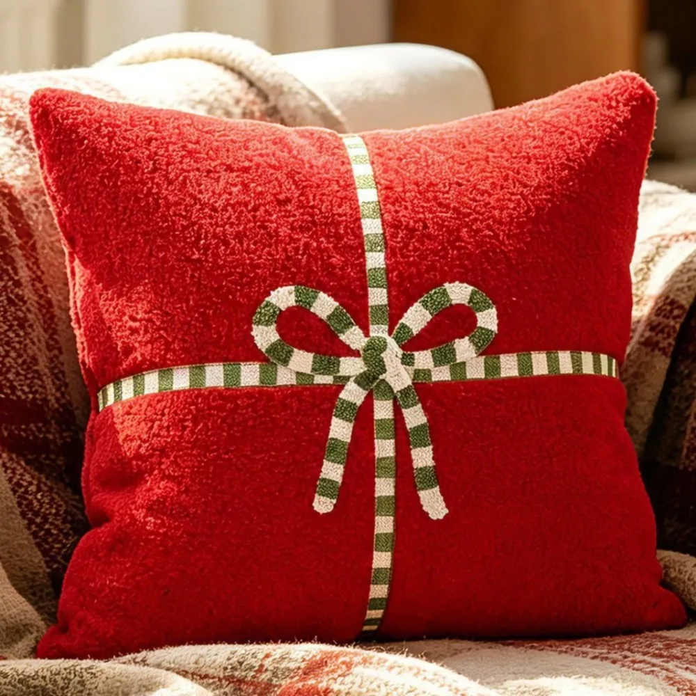 Bow Embroidered Christmas Pillow Cover Christmas Theme Festive Bow Cushion Cove Velvet Soft Couch Pillow Cover