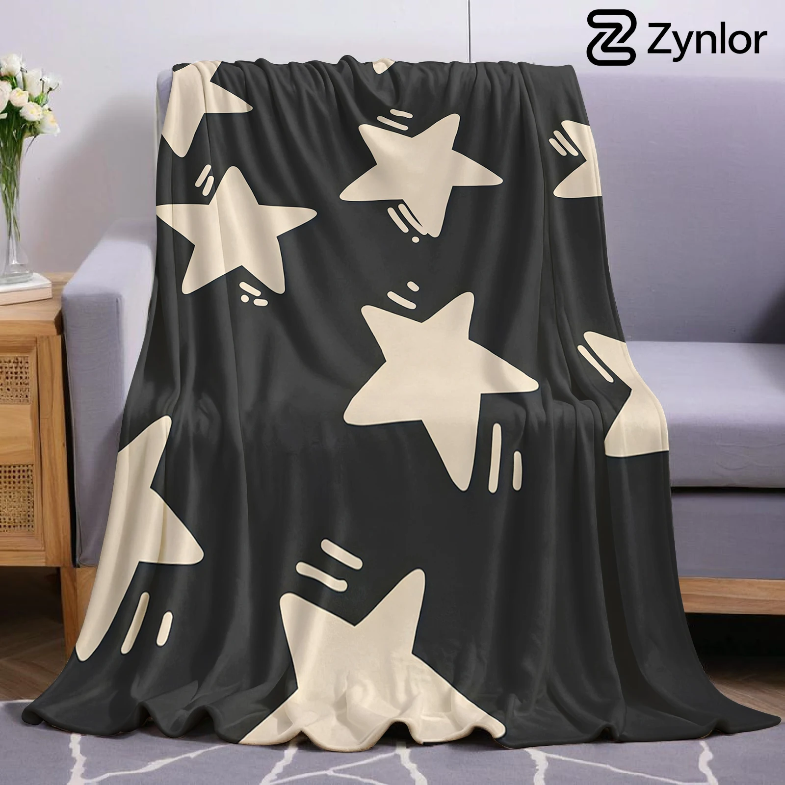 Black & Beige Star Ultra Soft Sherpa Fleece Blanket Fluffy Warm Thick Throw for Sofa Bedroom Couch Holiday Home Decor Gift