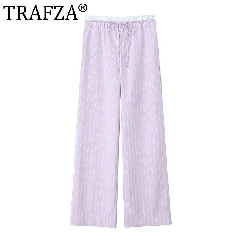 TRAFZA Weibliche Hosen Anzüge Lila Ärmellose Spitze-Up Falten Top + Mid-Taille Bogen Tasche Tasten Breite bein Hosen Frau Streetwear ONKOGENE