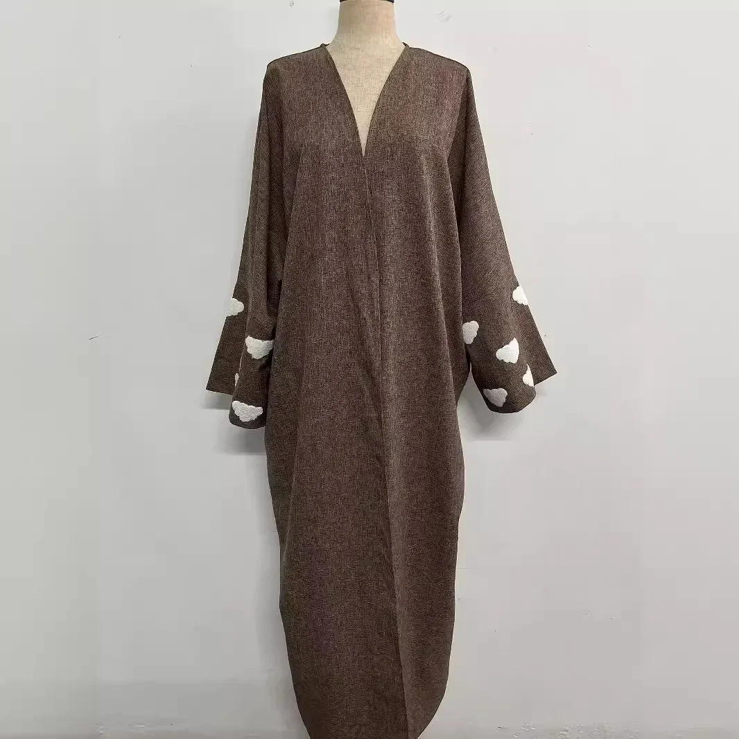 

Muslim Clouds Open Abaya Dress Women Elegant Eid Modest Coat Islam Turkey Embroidery Dresses Cotton Linen Long Sleeve Clothing