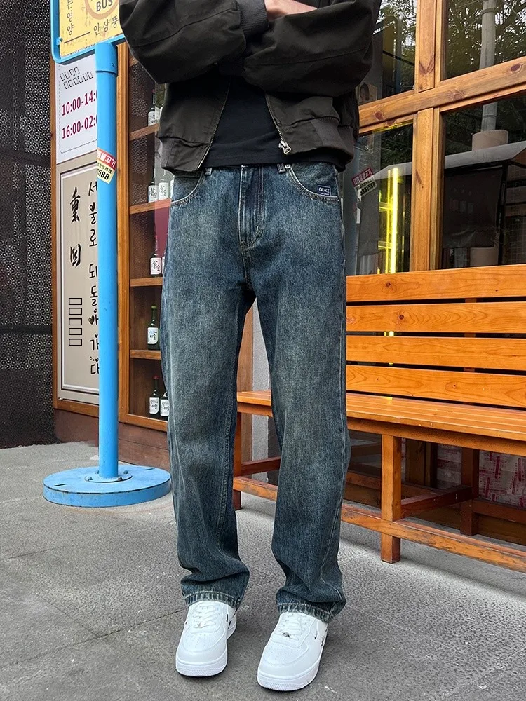 

Мужские джинсы Entong в американском ретро-стиле, свободные, повседневные, универсальные, прямого кроя, модные длинные брюки из хлопка, полиэстера и регенерированного волокна