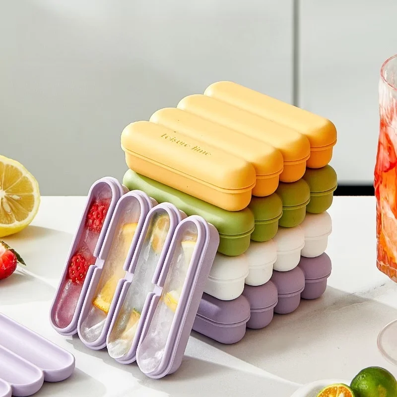 4 Grids Silicone Ice Cubes Trays With Lid Homemade Popsicle Mould Food Freezing Container for Freezer Molds for Soups and Sauces