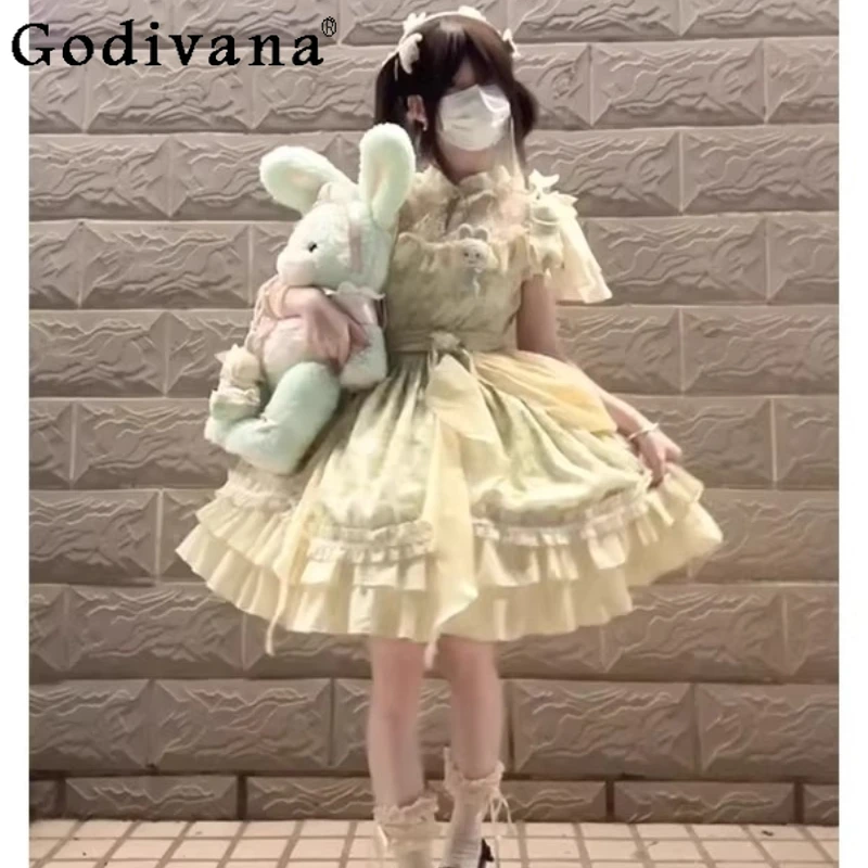 Green Chinese Style Lolita Dress for Women Summer National Style Cute OP Lolita Dress Female Princess Short Sleeve Dress