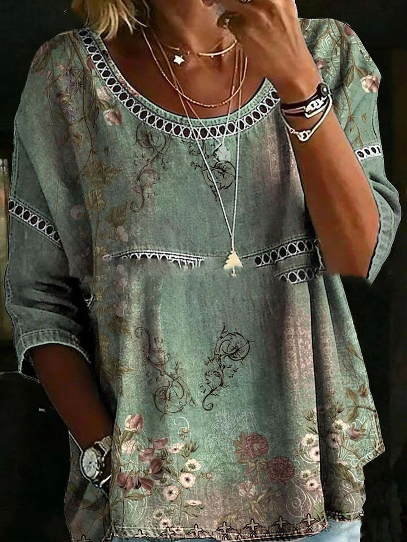 Women Plus Size Blouse 3D Floral Print Long Sleeve Loose Fit Boho Tunic Top