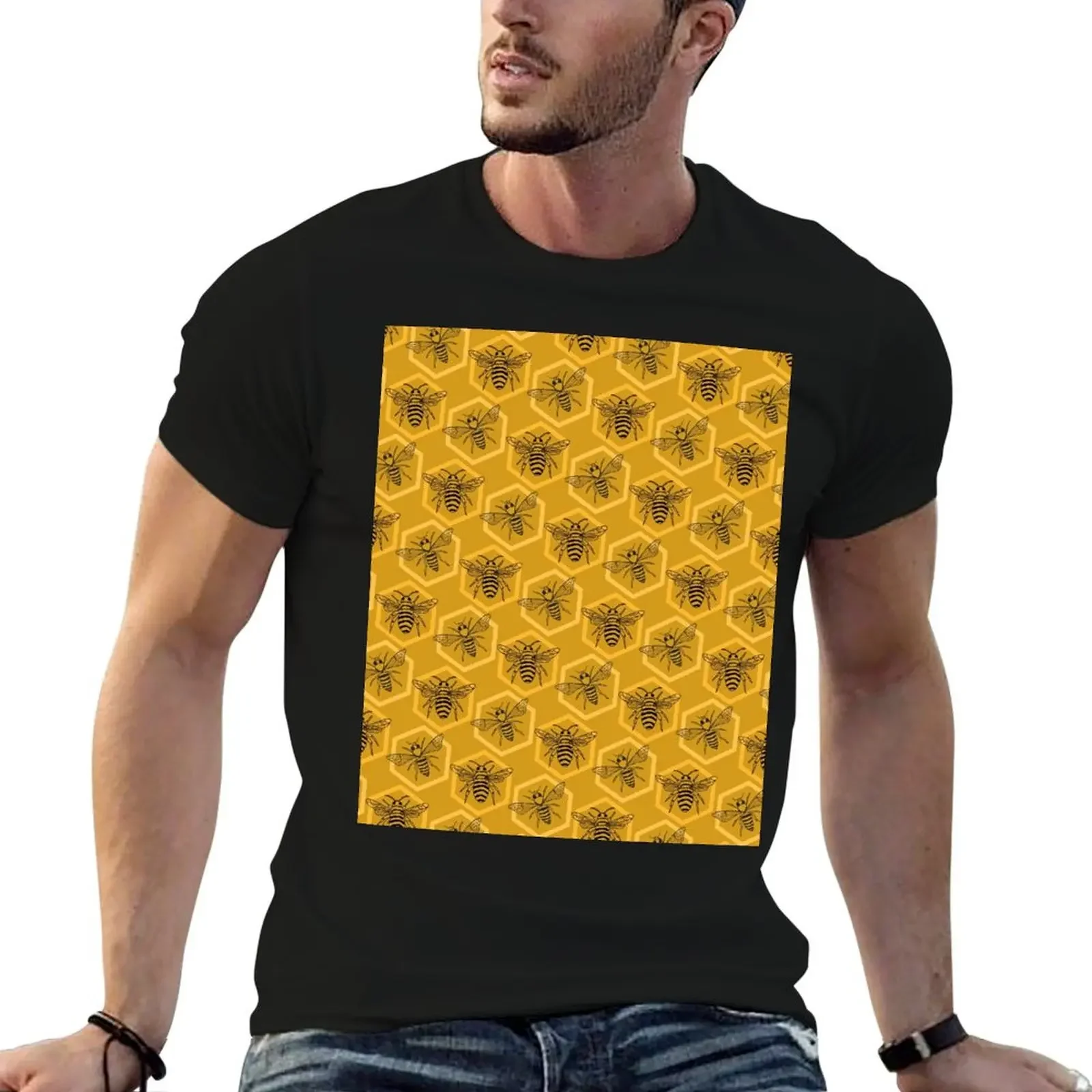 Honey Bees on a Hive of Hexagons T-Shirt oversized graphic shirts plus size tops korean fashion mens workout shirts