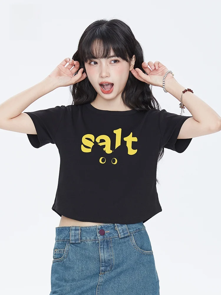 SALT Dark Kitty Letter Short Sleeve T-Shirt Pure Cotton Summer Sweet Cool Versatile Waist-Cinching Belly-Baring Top