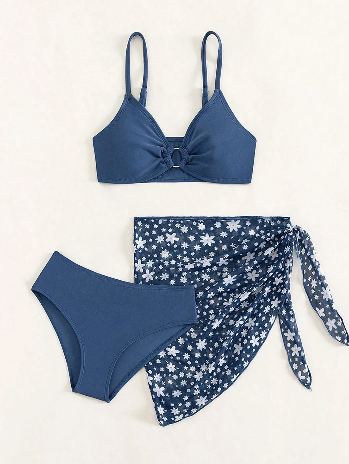 

Blue Floral Bikini Set With Beach Skirt Summer Swimwear