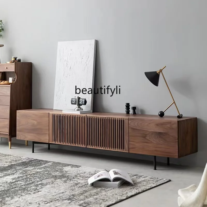 

yj15Solid Wood TV Cabinet Black Walnut Light Luxury Living Room Nordic Log Floor Cabinet Combination
