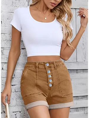 

High Waist Button Khaki Denim Shorts Rolled Cuff Fit Jean Shorts Wide Leg Slim Vintage Short Stylish Casual Cuffed Hot Pants
