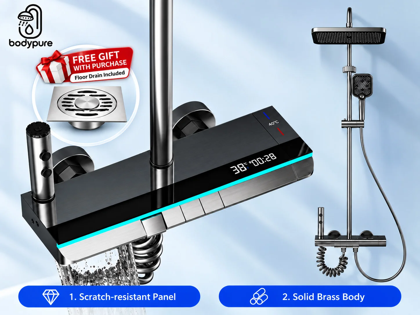 Gun‑Gray Digital‑Display Thermostatic Rain Shower Set, All‑Brass Pressurized Complete Household Bathroom Shower System