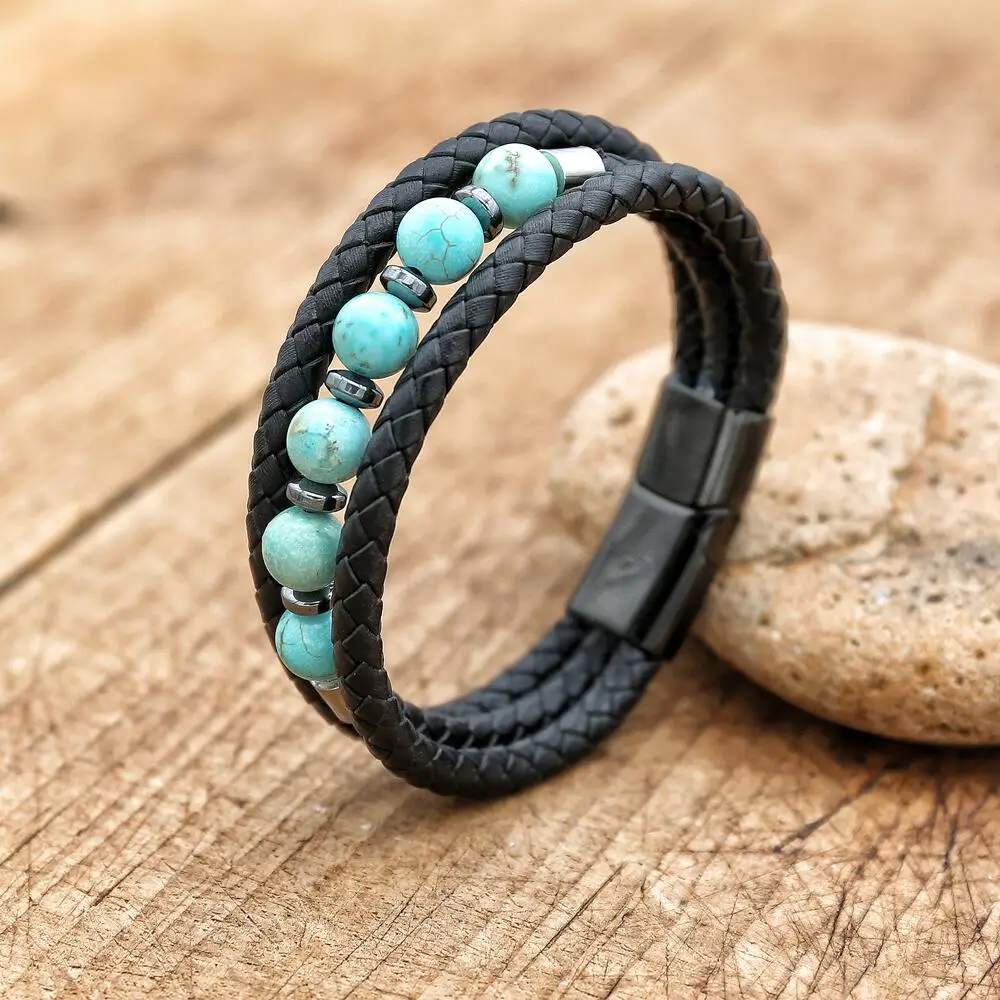 Luxury leather Beaded Bracelet Fashion Women Men's Jewelry Multilayer Natural Stone Hematite Braided Leather Bracelet