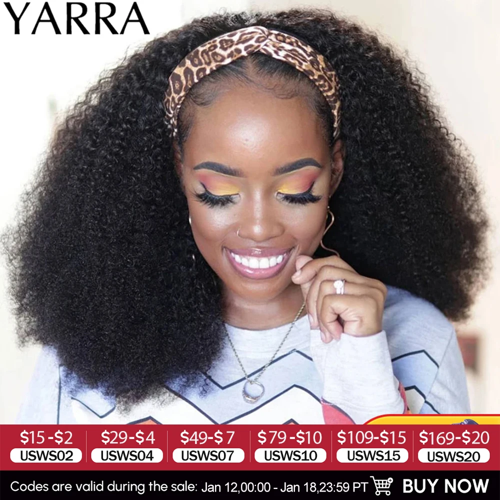 

Монгольский афро-кудрявый вьющийся парик с повязкой на голову, человеческие волосы, вьющиеся парики для чернокожих женщин, волосы Remy, бессклеевой, полный машинный парик 180% Yarra