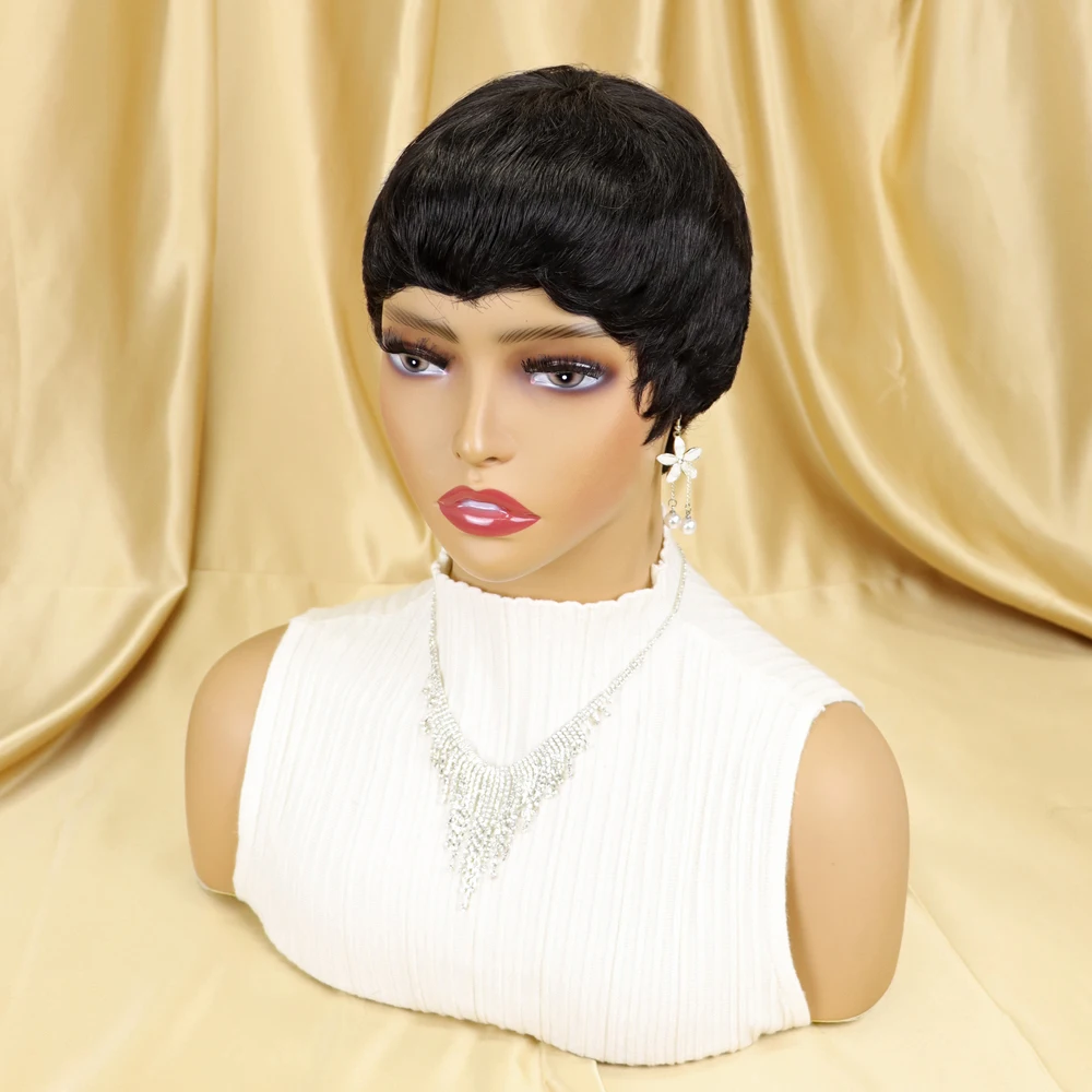Pixie krótkie cięcie ludzkich włosów peruki naturalny czarny kolor Glueless peruki brazylijski Remy włosy dla kobiet pełna maszyna wykonane peruki