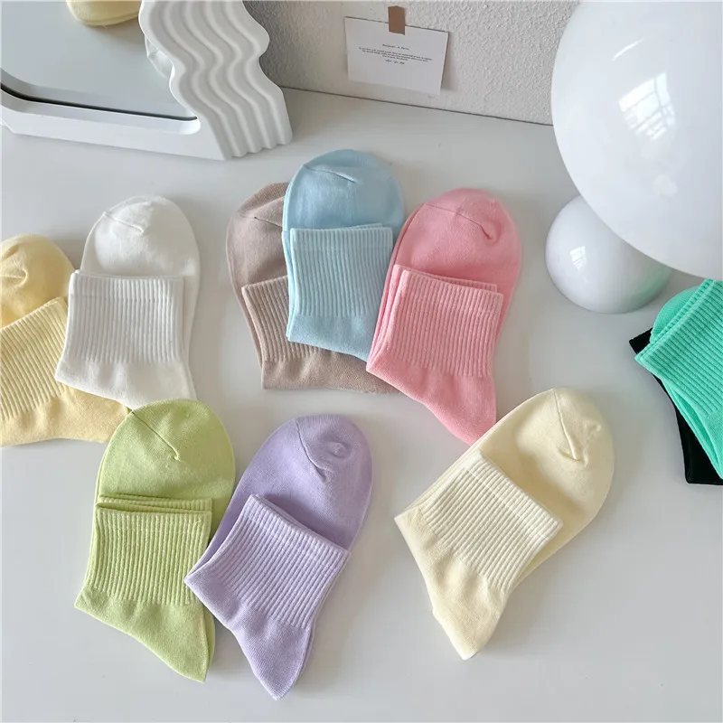 Japanese Small Fresh Solid Color Socks Women's Spring Summer Cream Short Socks Medium  Thin Sports Socks