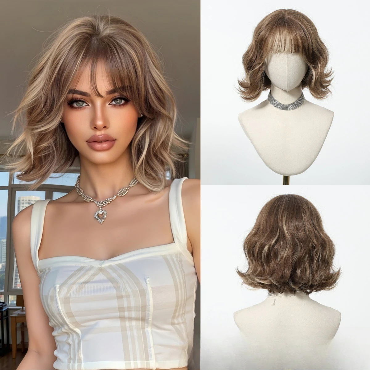 

New Temperament Muse Wig Brown Air Bangs Short Curly Hair Summer Refreshing Natural Fluffy European and American Wig Women