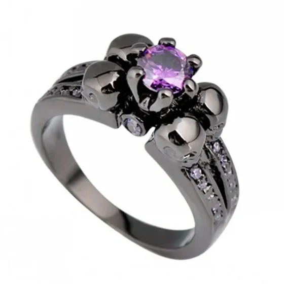 Men's 4 Skull Design Purple Zircon Wedding Ring Black Gold Party Jewelry Size 6-10