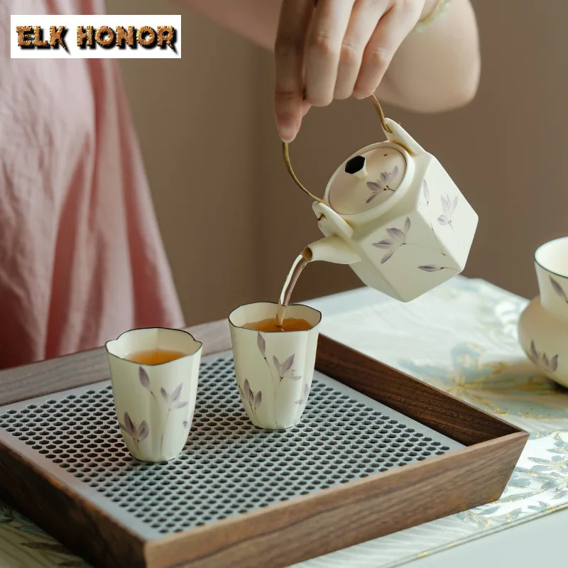 150ml Powder Yin Pure Hand Drawn Purple Orchid Teapot Tea Infuser Loop-handled Pot Tea Maker Kettle With Strainer Tea Services
