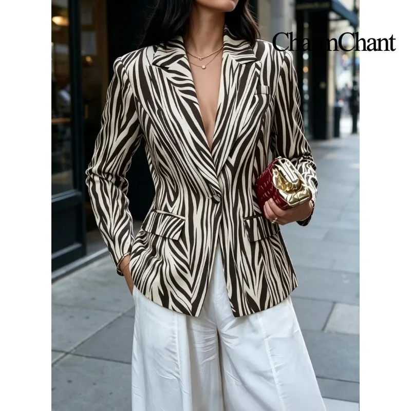 CHARMCHANT Women's Zebra Print Single Button Blazer Notch Lapel Slim Fit Long Sleeve Animal Print Party Suit Jacket Fall 2026