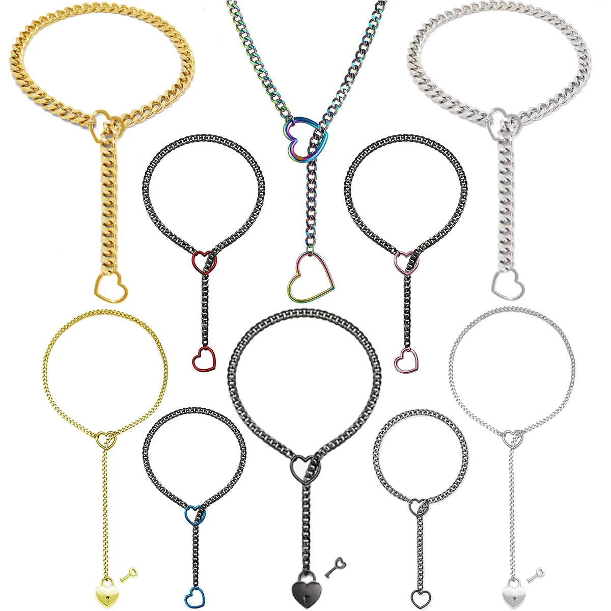 Heart Slip Chain Necklace for Women O-Ring Punk Chunky Heart Lock With Key Pendant Y-Lariat Cuban Long Necklace Jewelry Gifts