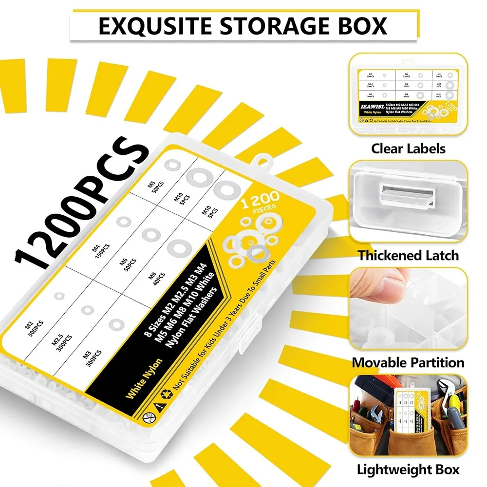1200 قطعة غسالات بلاستيكية بيضاء مجموعة النايلون غسالات مسطحة ل مسامير البراغي M2 M2.5 M3 M4 M5 M6 M8 M10 السحابات عدة لحوض المقابس