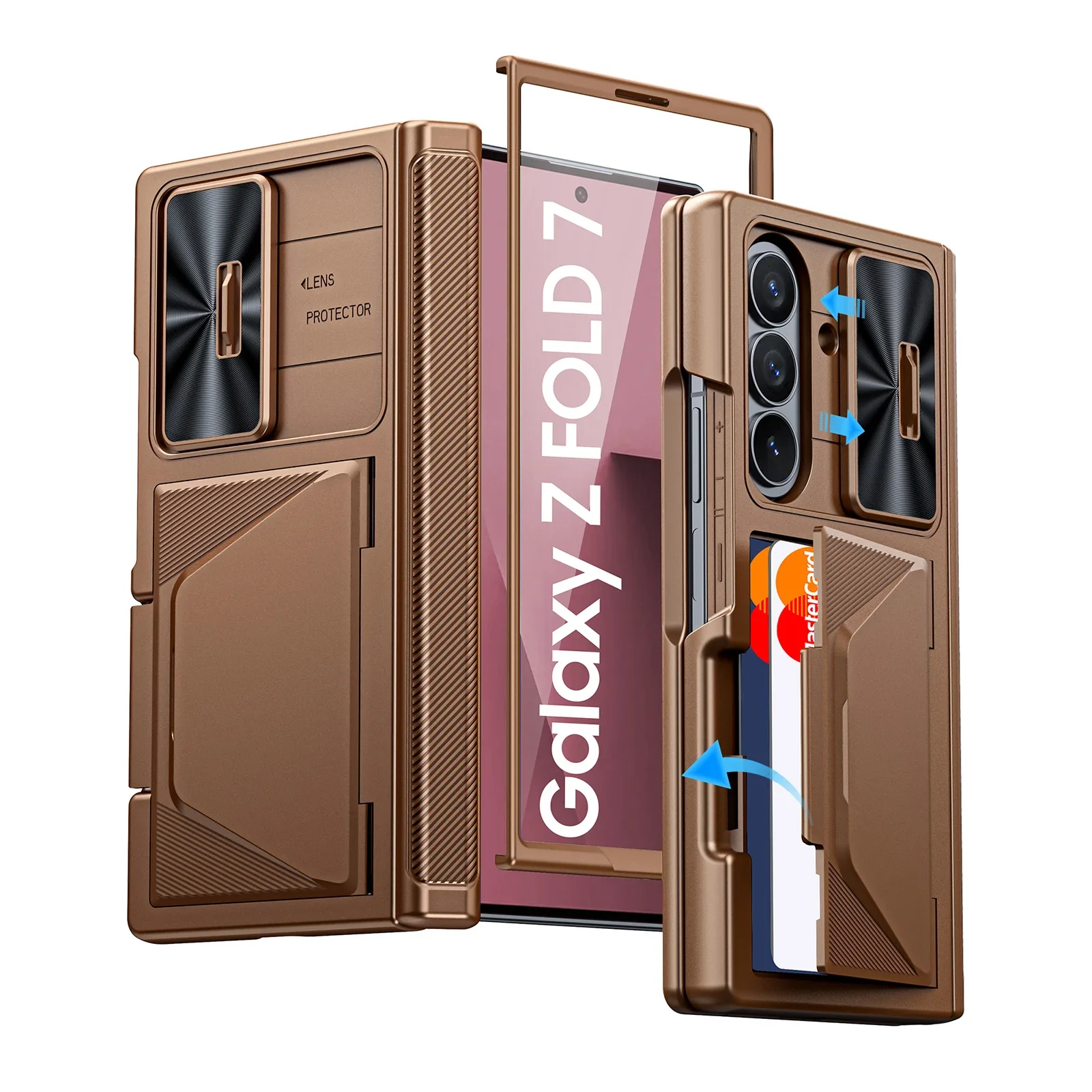 

for Samsung Galaxy Fold 7 Phone Case,with RFID Cards Holder,HD Protector,Slide Camera Cover,Shockproof Wallet Case-Gold