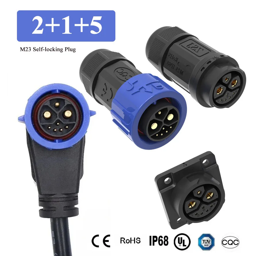 Outdoor 2+1+5 Self-locking Charging Connector IP67 Waterproof M23 Male Female Signal Integrated Welded Wire Battery Plug Socket