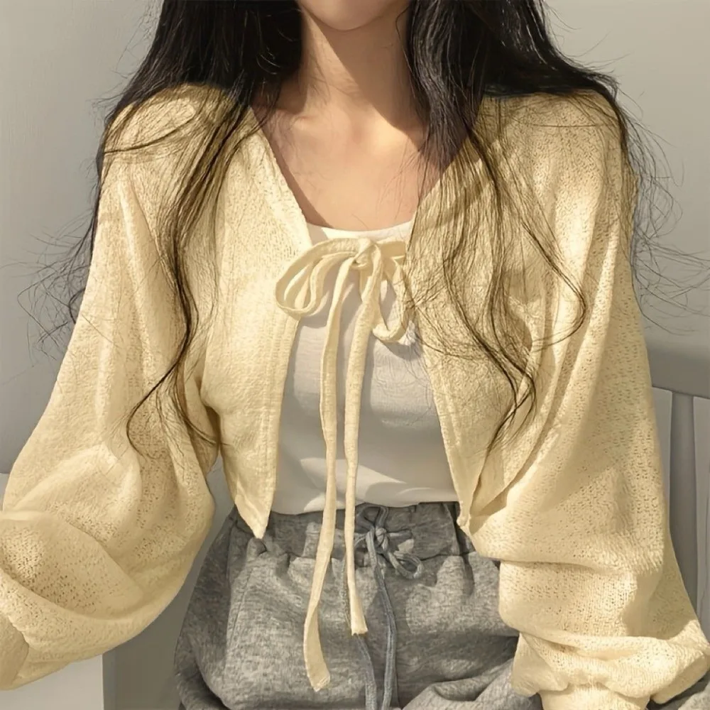Casual Korean Style Knitted Cardigan Short Lantern Sleeve Raglan Sleeve Knitwear Tops Thin Lace-Up Sweater Shawl Spring Autumn