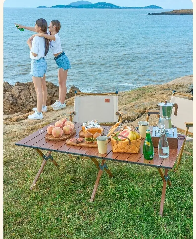 Outdoor Camping Table Wood Grain Egg Roll Folding Table Picnic Desk Ultralight Portable Beach Table Tourist Plate Tables