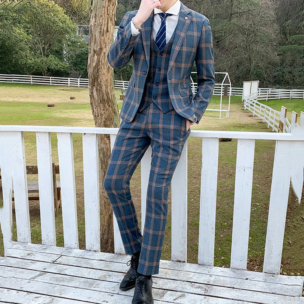 

Men Single Breasted Plaid Casual Wedding Suit Coat Trousers Men's Business Blazers Jacket Vest Pants 3 Pcs Set