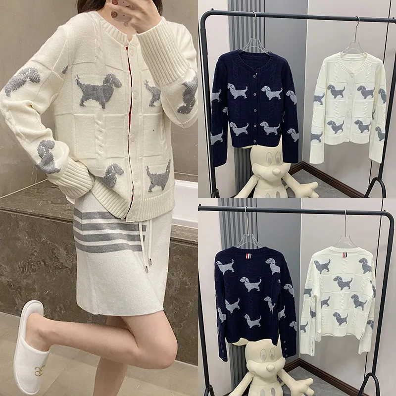 Brand Trend Design Puppy Jacquard Loose Knit Splice Color Long Sleeve Cardigan Simple Fashion Casual O-neck Women's Wool Sweater