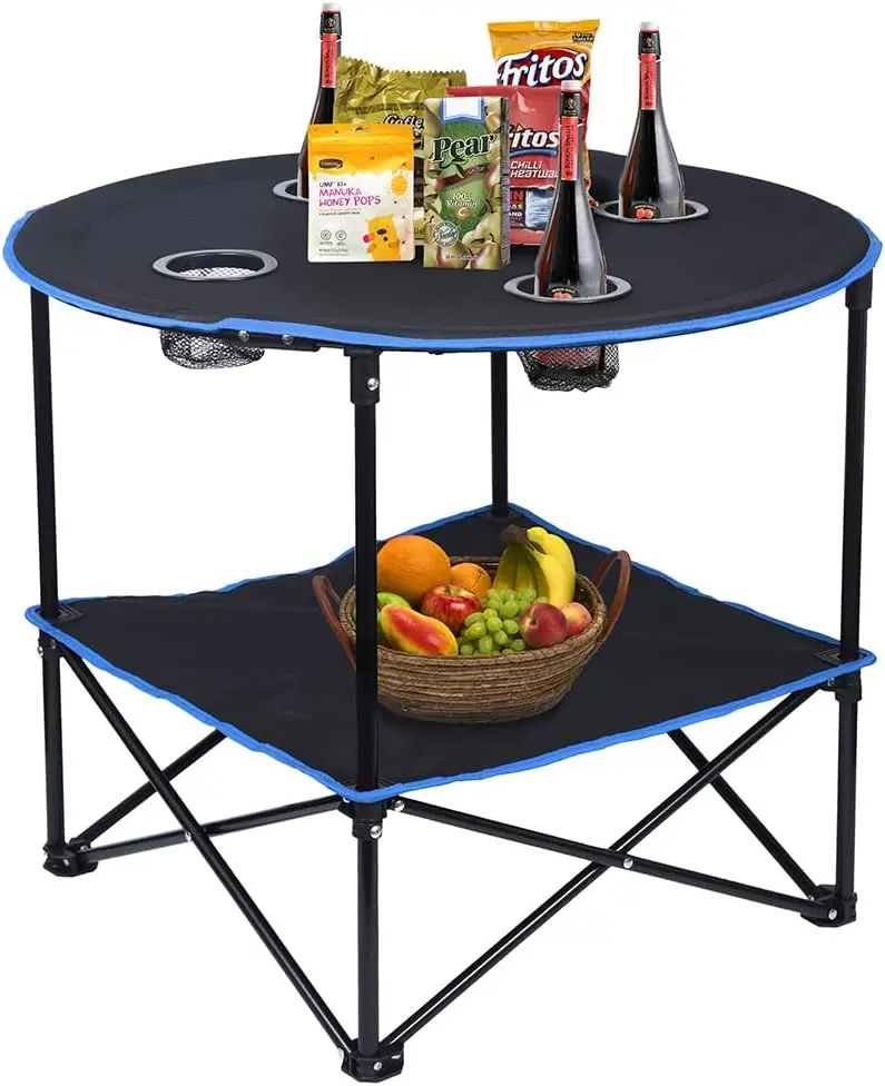 

Portable Folding Picnic Table with 4 Cup Holders, Collapsible for Outdoor Camping, BBQ, Travel - Black and Blue